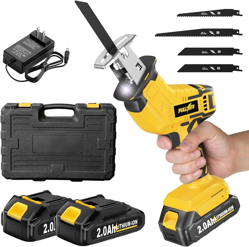 FULLYEA Cordless Reciprocating Saw, 0-3500 RPM Electric Saws with 4 Blades & 2 Batteries, Tool‑Free Change, Handheld Saw Lightweight, Battery Reciprocating Saws for Cutting Wood PVC Pipe (Yellow) - Image 1